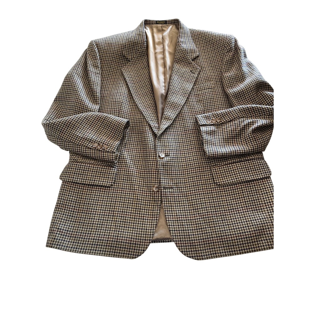 Oscar de la Renta Mens Houndstooth Blazer Brown Tan Plaid Sport Coat 2-Button